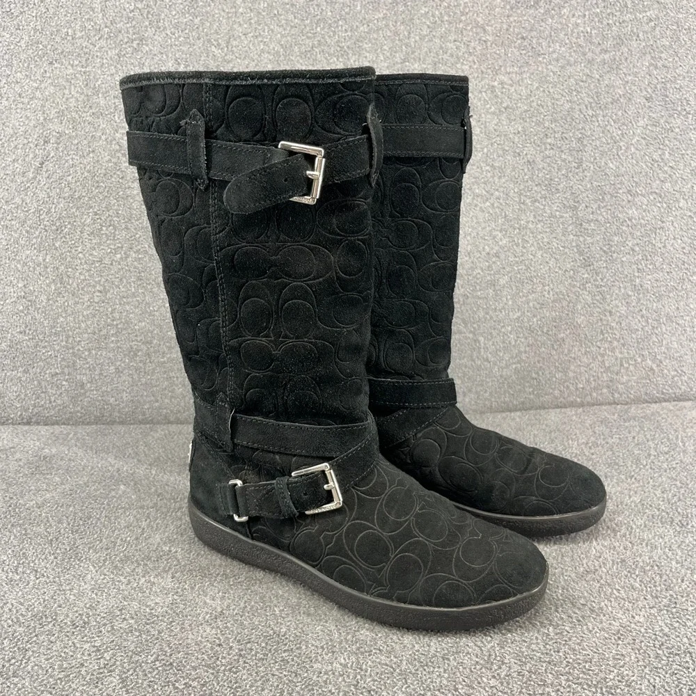 Coach Black Suede Monogram Tall‎ Boots Buckle Detail Women's US 8 B EU 38.5